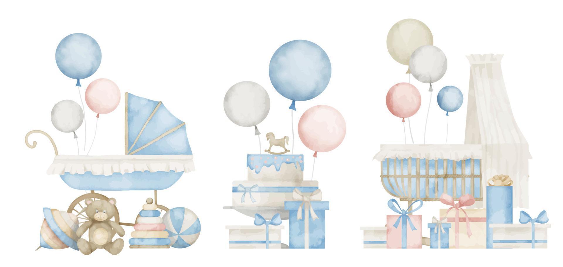 Baby Cradle and Pram in pastel colors. Hand drawn watercolor set of illustrations for childish shower on isolated background. Kid Crip and birthday cake with balloons. Stroller and bed for cards vector