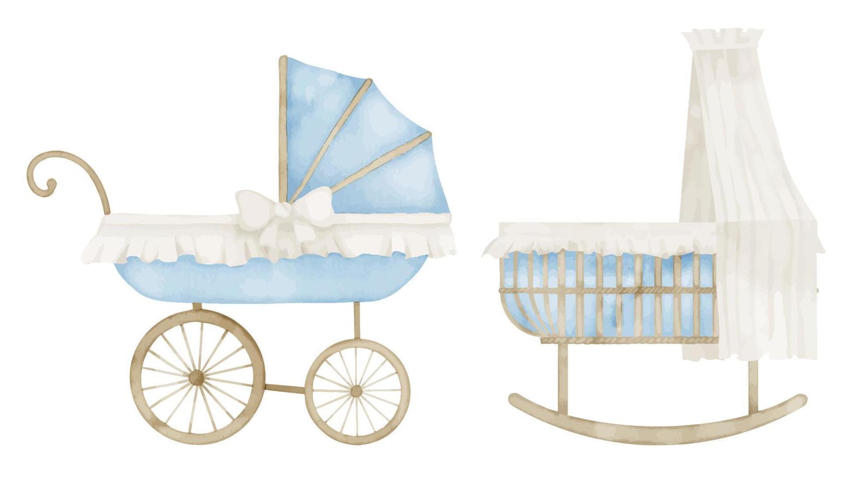 Baby Pram and Cradle. Hand drawn watercolor illustration of Stroller and Crib on isolated background. Set for childish shower greeting cards or invitations in pastel blue and beige colors. Kid Buggy vector