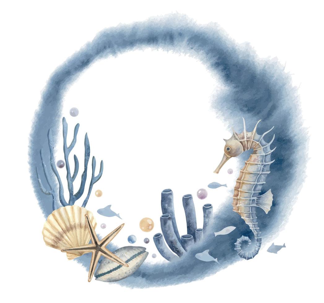 Round Frame of Marine animals and Shells. Wreath with Underwater objects on isolated background. Hand drawn undersea watercolor illustration with Seashells, seahorse and coral reefs for icon or logo vector