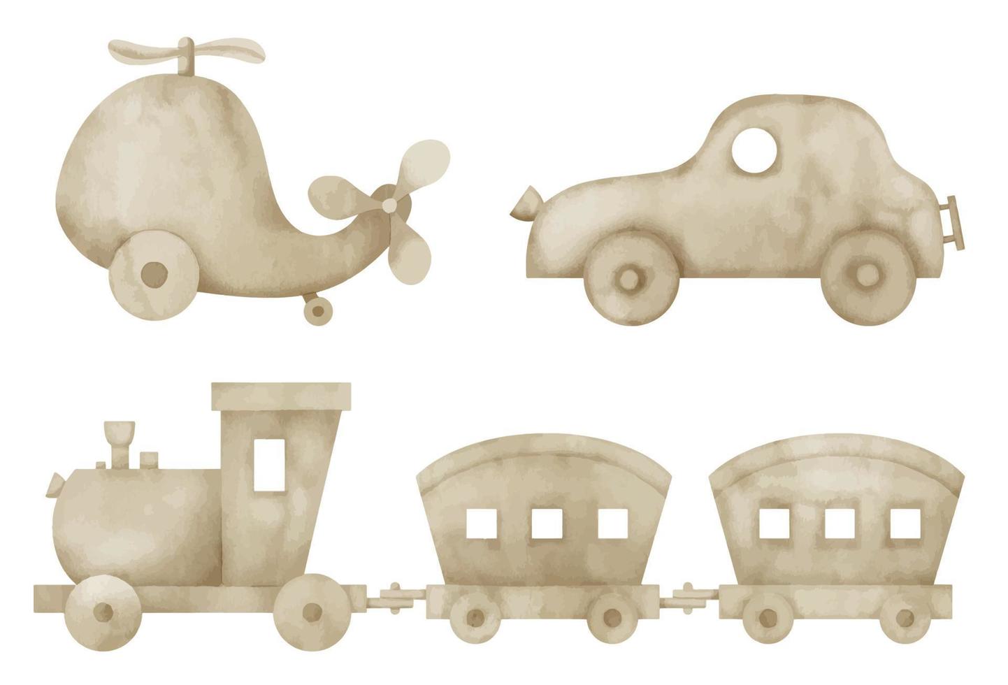 Baby Toys set. Hand drawn watercolor illustration of childish wooden train, car and helicopter in eco style on isolated background. Kid transport for game. Retro vehicles in cute pastel beige colors vector