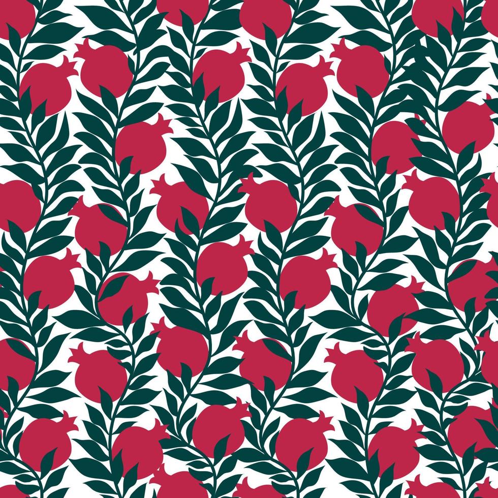 Vector illustration of pomegranate fruit with leaves. Seamless Pattern