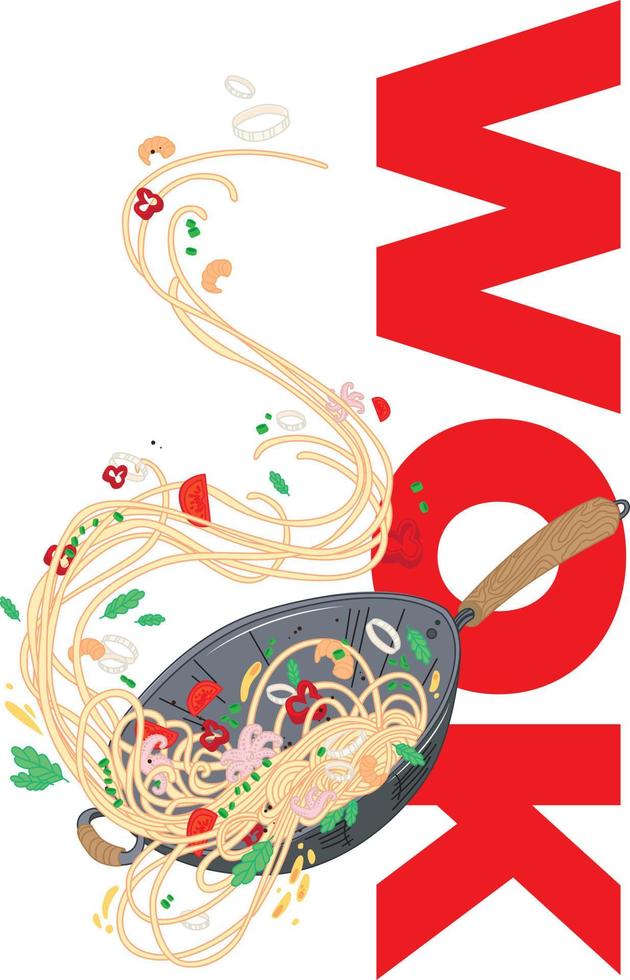 wok con fideos, Mariscos y verduras.eps vector