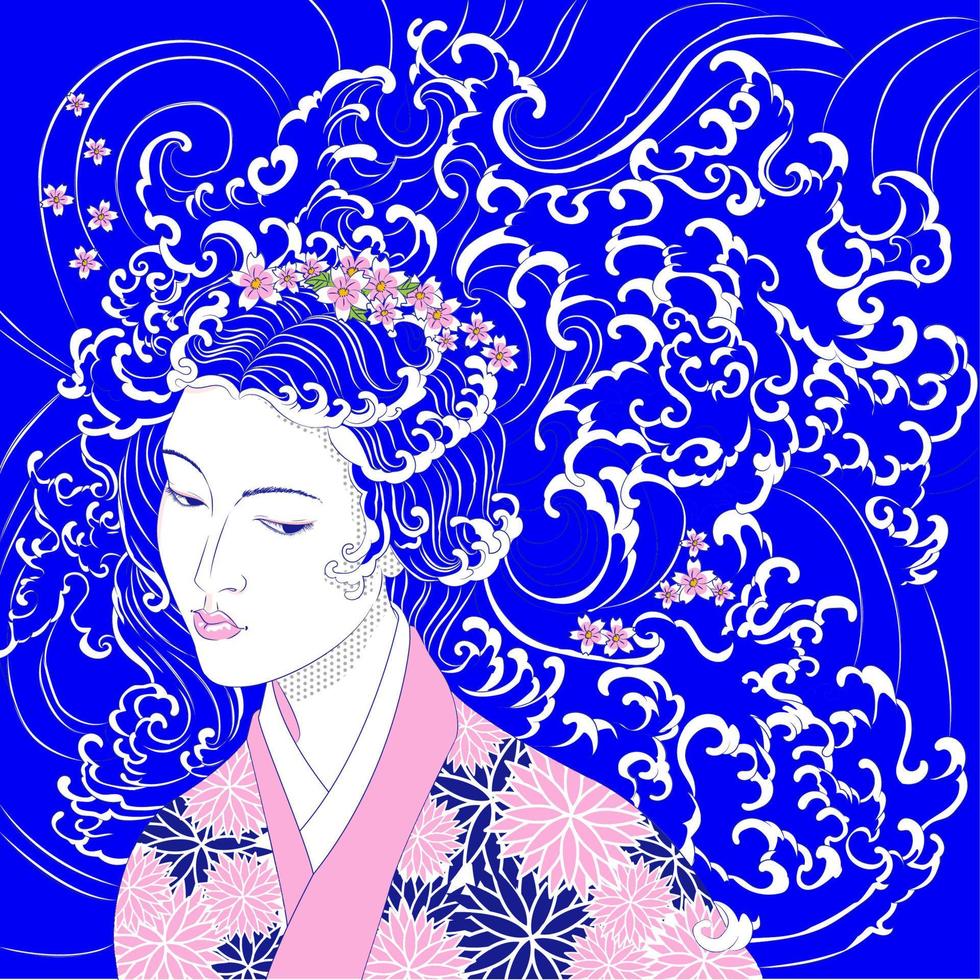 geisha con olas en lugar de pelo vector