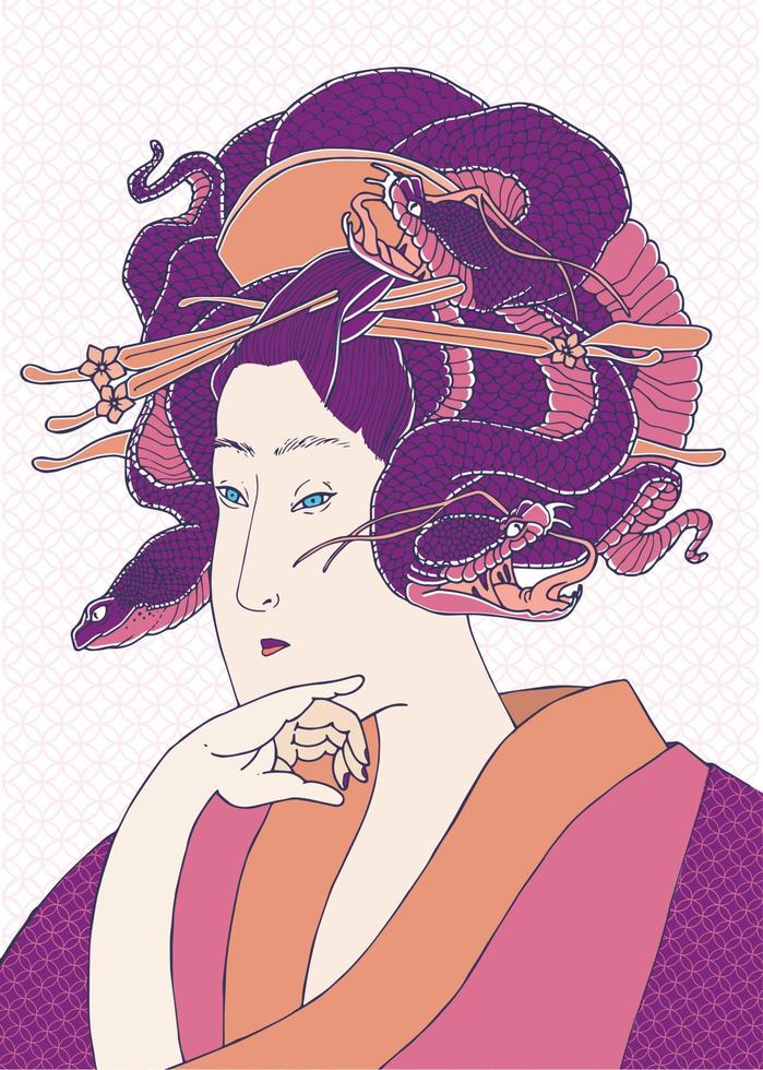 de geishas cara con serpientes en lugar de pelo vector