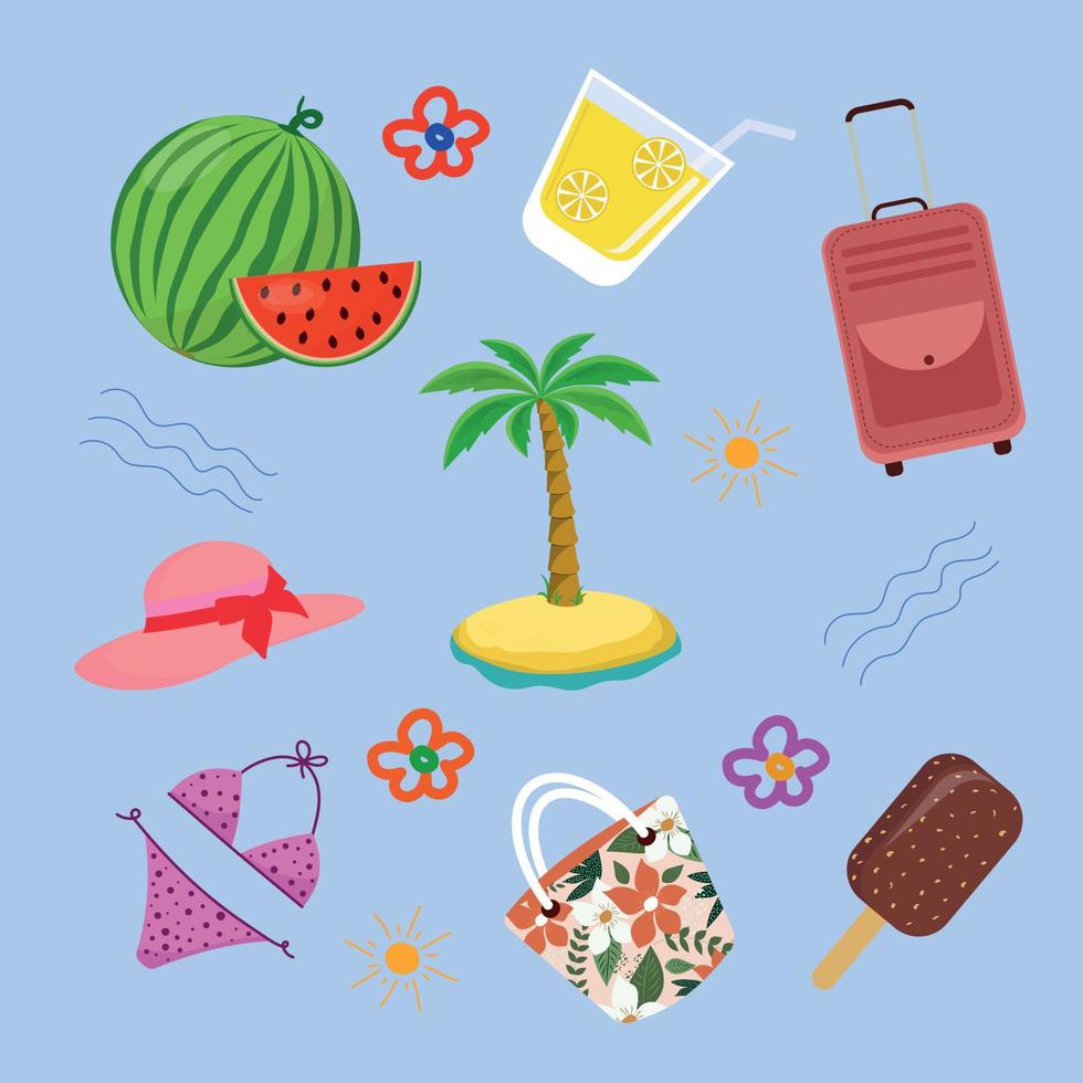 dibujos animados verano elementos, viajar, verano accesorio. conjunto de vector ilustraciones verano, hielo crema, palma árbol, sandía, traje de baño, maleta, playa sombrero, playa bolsa.