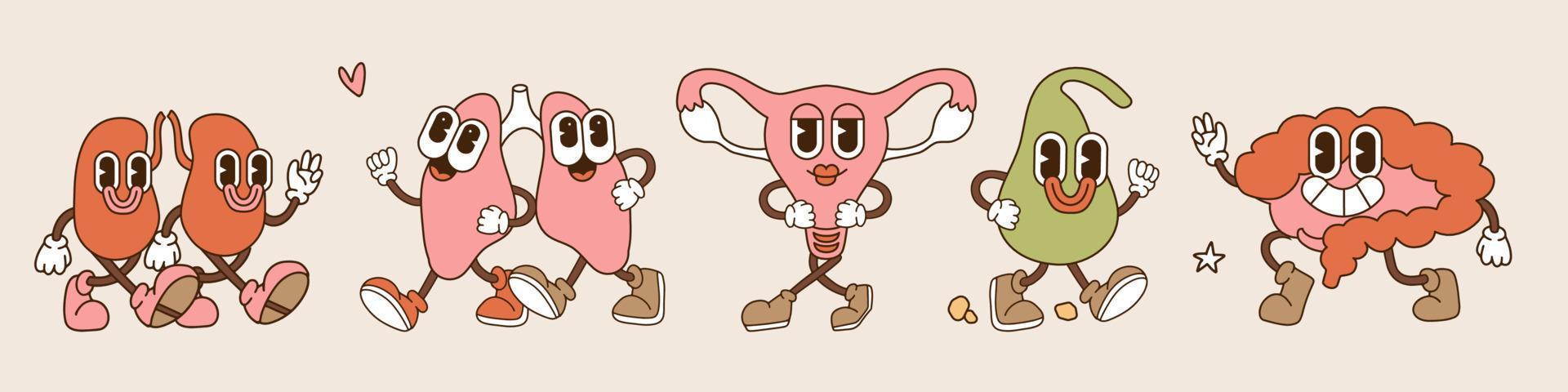 Funny lungs, kidneys, uterus, gallbladder, intestines retro cartoon characters set. Vector hand drawn doodle style traditional toons vintage illustration. Happy human organs mascots.