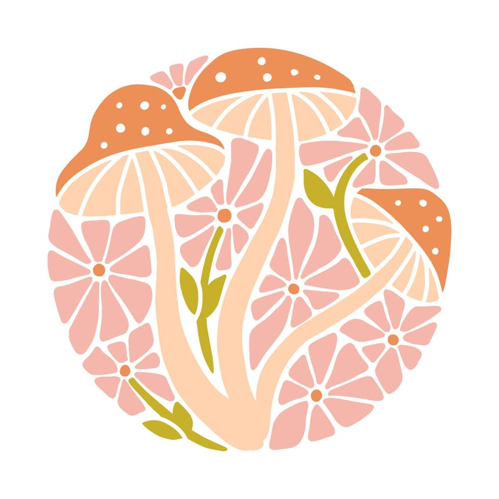Groovy boho woodland mushrooms circular graphic print with daisy flowers. Trendy vector design in psychedelic style of 70s, 60s.