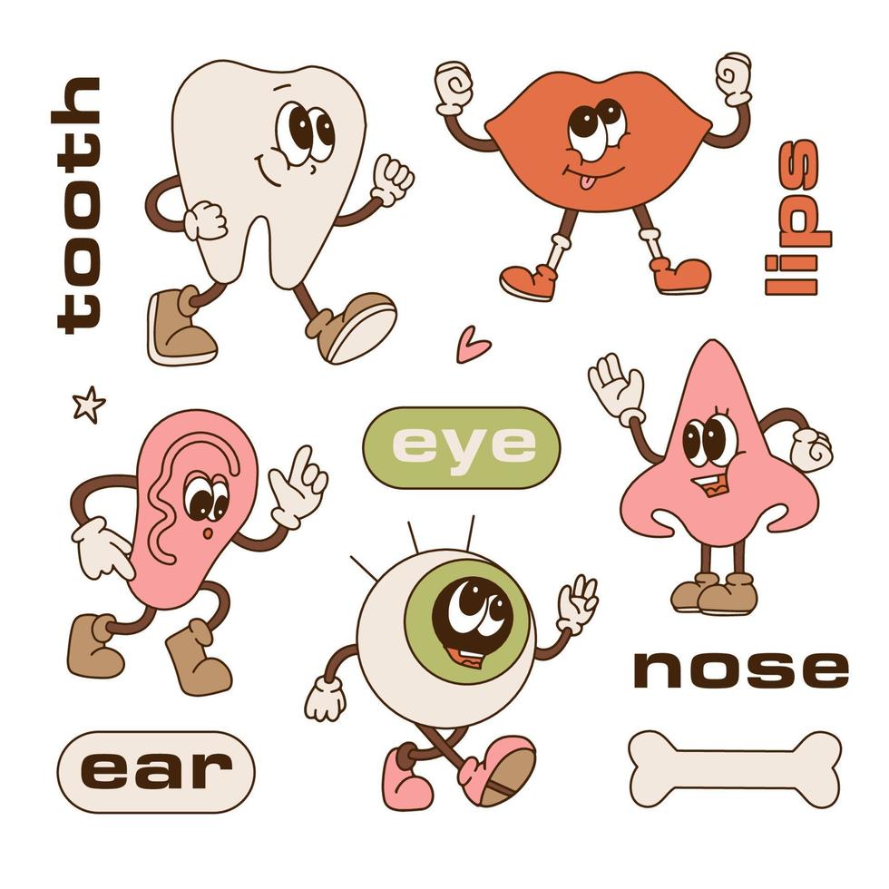 Retro cartoon characters made of Different Parts of Human Face. Facial organs - eye, lips, nose, tooth and ear. Body parts mascots set in trendy 90s style. Contour vector illustration.