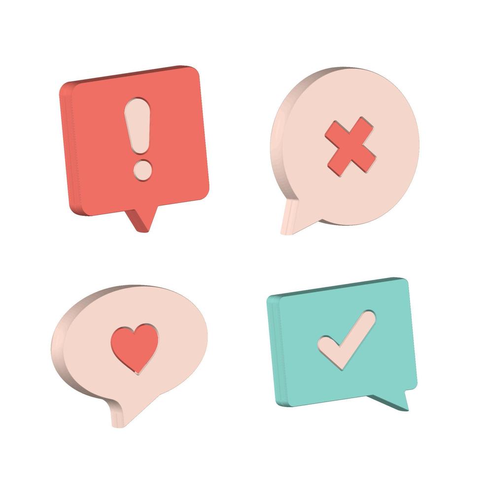 Realistic 3d speech bubbles set, chat message notification icons collection.. Realistic dialogue bubble communication, social media text balloon with heart, exclamation mark, cross, check mark. Vector