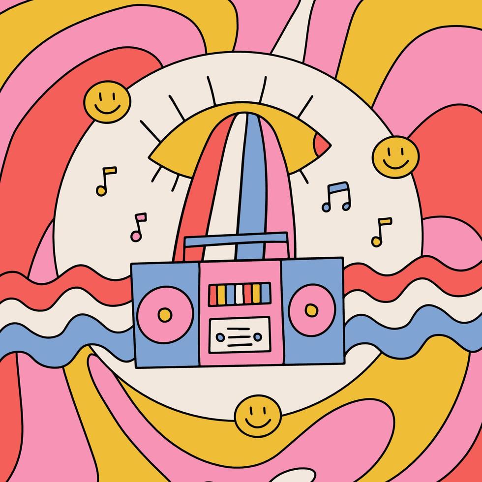 Groovy hippie style music banner or cover. Bright tape recorder in the style of 70-80s with rainbow waves. Color vintage record player. Contour hand drawn vector illistration. Loud boombox.