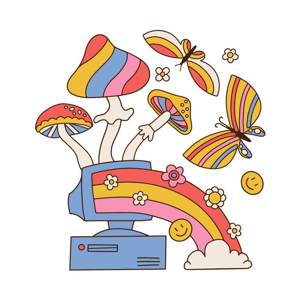 Old retro vintage hipster computer, pc with monitor from 70s, 80s, 90s with mushrooms, rainbow, flowers and butterflies. Hand drawn isolated Vector illustration. Hippie psychedelic sticker concept,