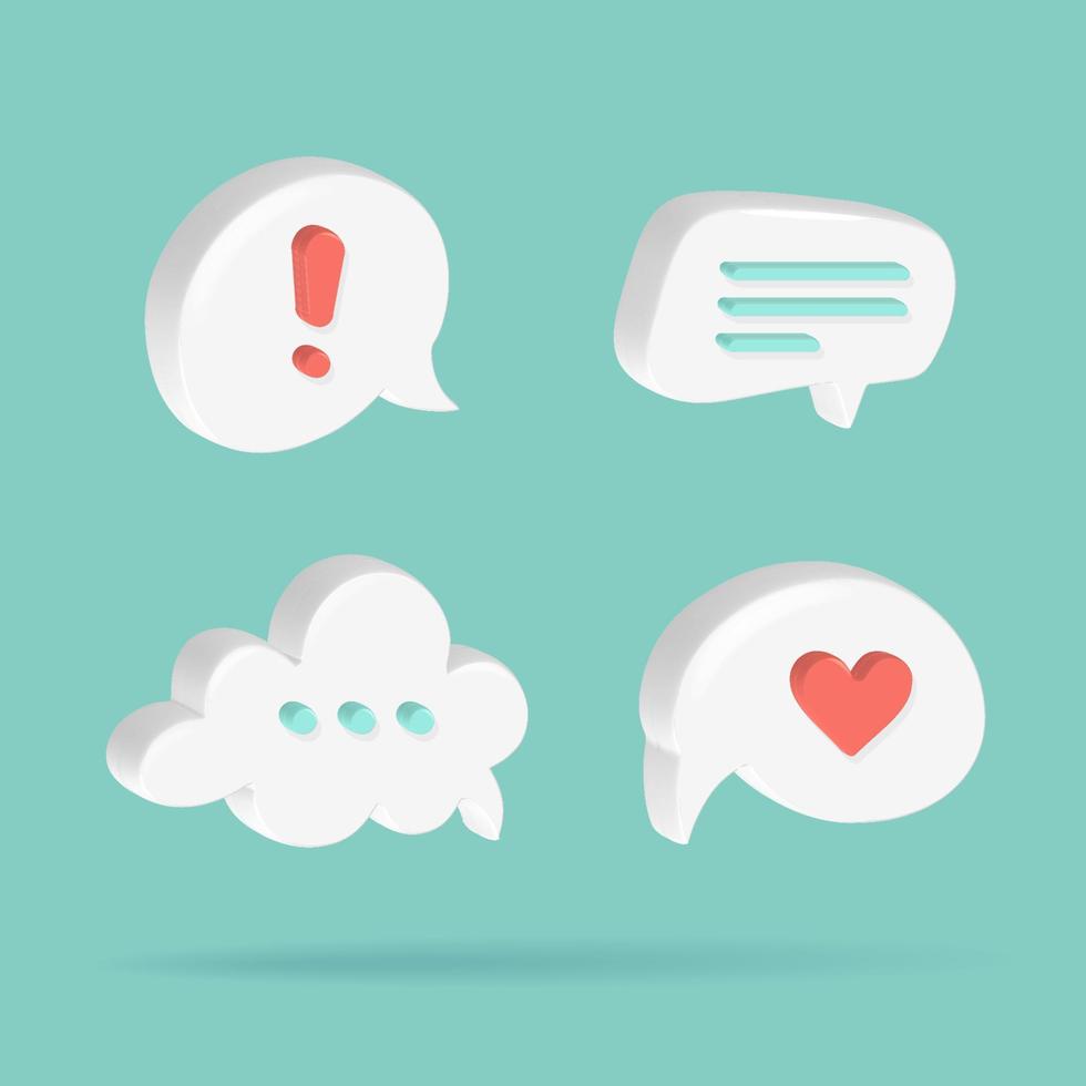 Speech, communication, dialogue, like, protest, notification, various shapes bubbles - realistic icon set. 3d render vector illustration.