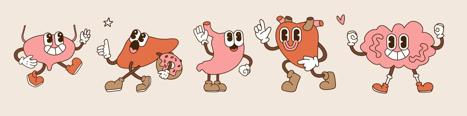 Cute strong happy human healthy strong organs set. Vector cartoon character illustration icon design. Isolated on white background. Heart,liver,brain,stomach,lungs,kidneys,intestine,uterus,bone organ