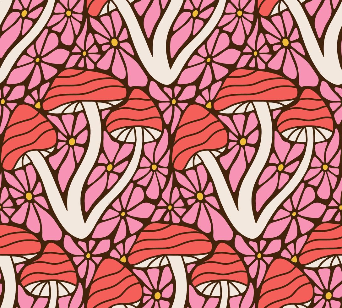 Hippie trippy Floral seamless pattern with mushrooms. 70s Groovy stained glass mosaic Cartoon simple print for fabric. Vector flat hand drawn illustration.