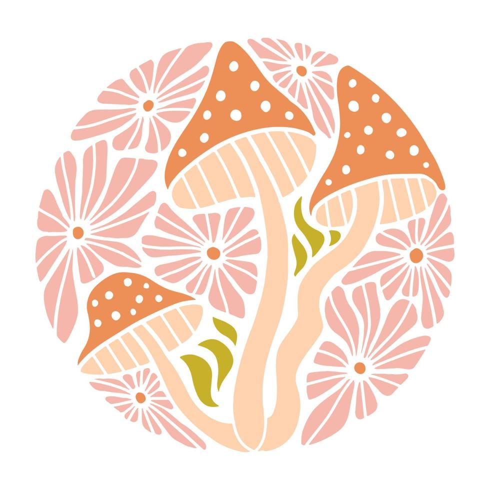 Psychedelic sticker or print concept in round shape.Pastel fly agarics woth daisies on a white background. Boho psychedelic mushrooms and flowers. Flat hand drawn Vector. vector