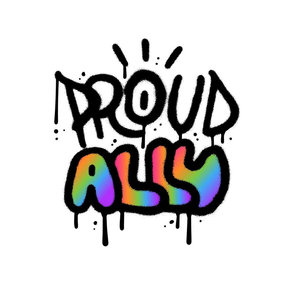 Prud Ally - LGBT pride slogan against homosexual discrimination in urban graffiti style with rainbow gradient texture. 90s y2k vector grunge calligraphy for tee print