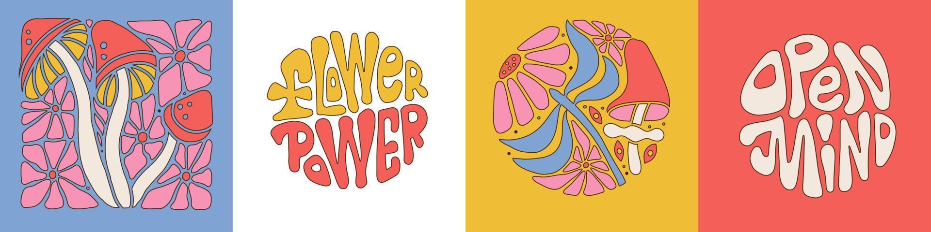 Set of groovy posters with mushrooms, flowers and lettering quotes - Flower power, Open mind. Retro postcards in 70s. Hippie psychedelic style. Trendy vector illustrations.