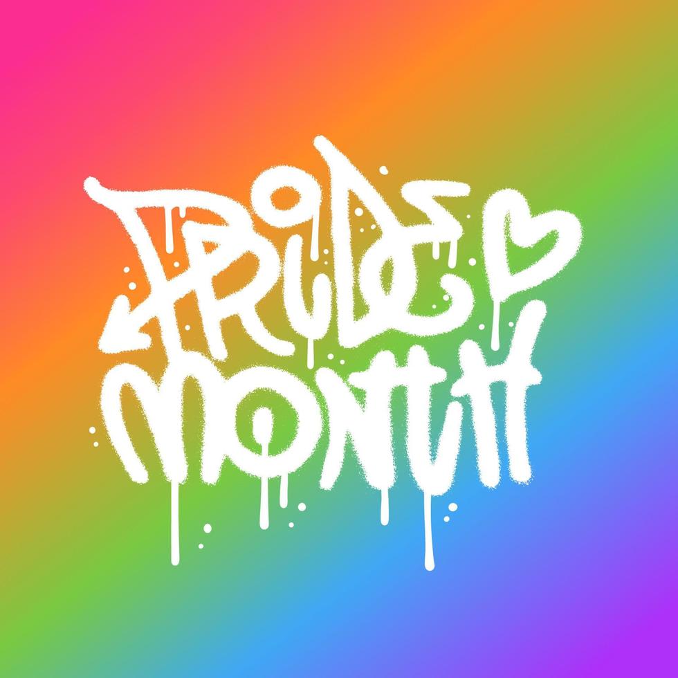 Pride Month - sprayed lettering Typography Banner with urban graffiti text and LGBT Rainbow Pride Flag Colours on background. Square Banner Illustration in street ast grunge style vector
