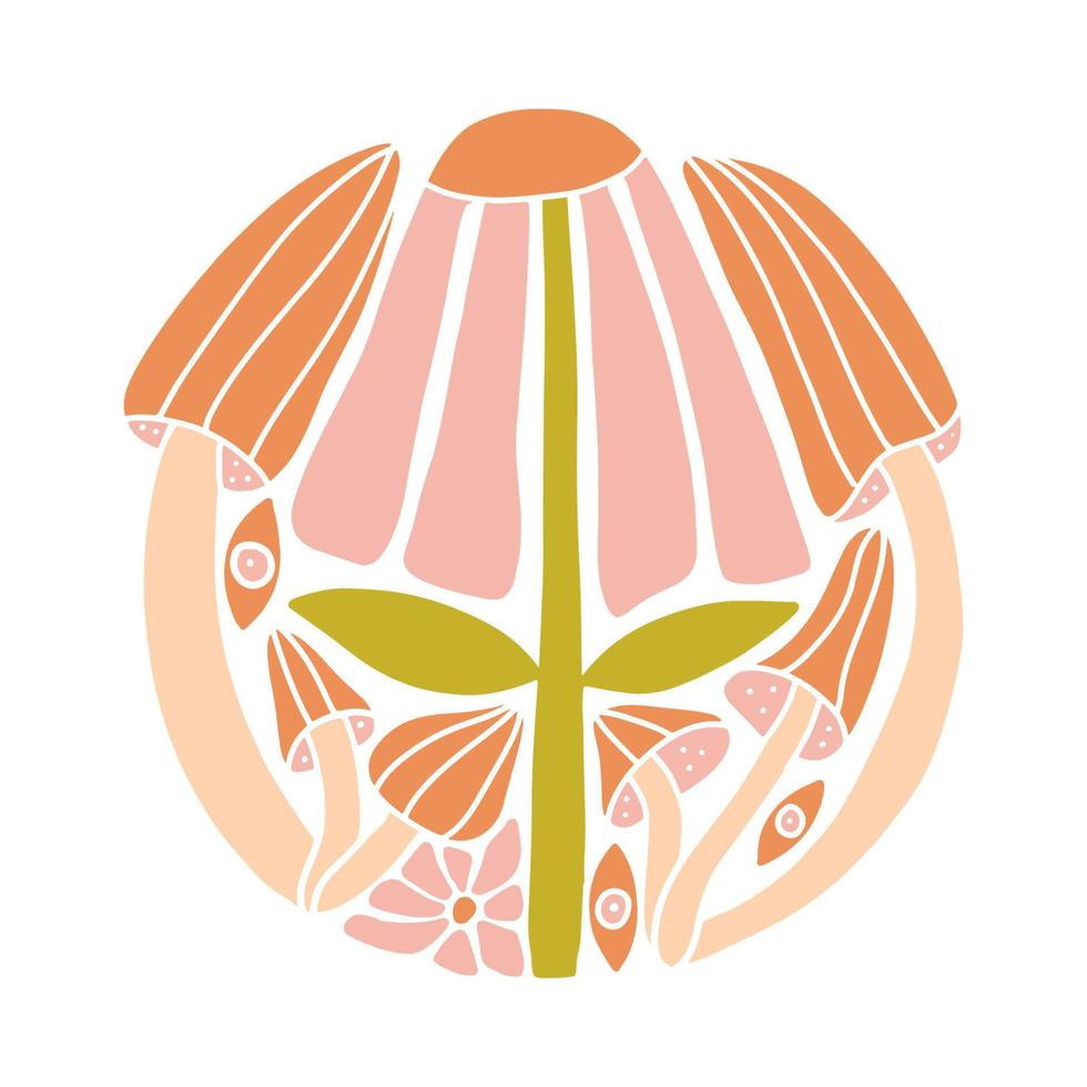 retro hippie redondo Insignia con linda maravilloso flores, ojos y hongos aislado en un blanco antecedentes. de moda vector gráfico diseño enpsicodélico estilo años 70, años 80