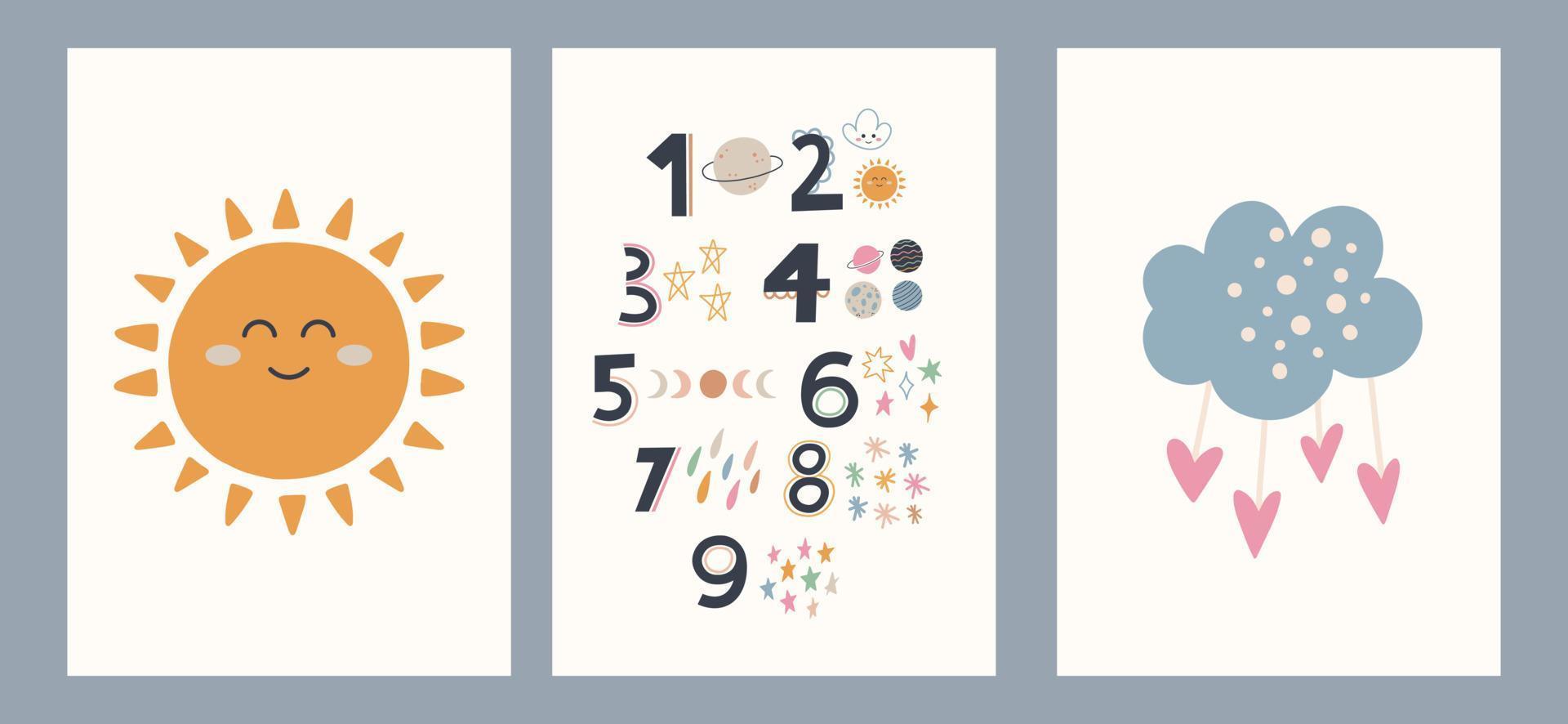 Cute hand drawn posters with rainbow, education elements in boho style. Cartoon doodle print with Numbers for nursery. Design for card, label, brochure, book cover, poster, flyer, banner vector