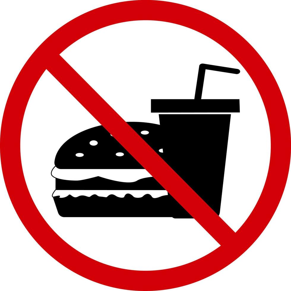 No fast food sign. Forbidding sign, do not eat fast food. Red crossed circle with a silhouette of a burger and a drink inside. Fast food is not allowed. Fast food ban. Round red stop fast food sign. vector