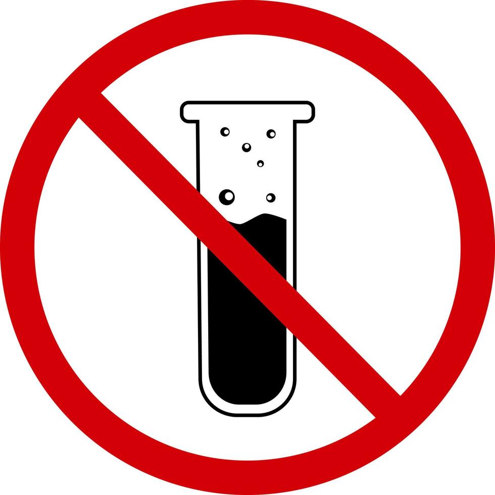 No chemical sign. Prohibition sign no chemicals. Sign of a red crossed circle with a silhouette of a laboratory flask inside. No lab test sign. Round red sign. No GMO. vector