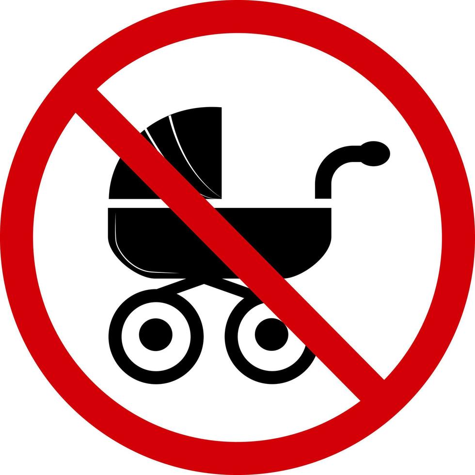 No baby carriage sign. Prohibiting sign no baby stroller. Sign of a red crossed out circle with a silhouette of a pram inside. Baby stroller is not allowed. Round red sign. vector