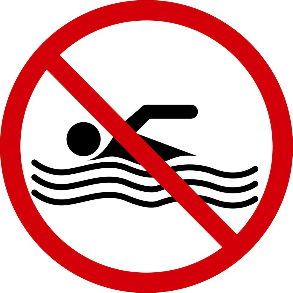 No swim sign. Forbidding sign, do not swim. A red crossed circle with a silhouette of a swimmer inside. Swimming is not allowed. Bathing prohibited. Round red stop swim sign. vector