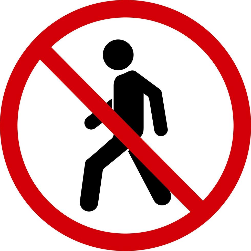 Sign is no pedestrian. Prohibition sign, no pedestrian crossing. Red crossed circle with a silhouette of a man inside. It is not allowed to go over. Round red stop sign, do not cross road. vector