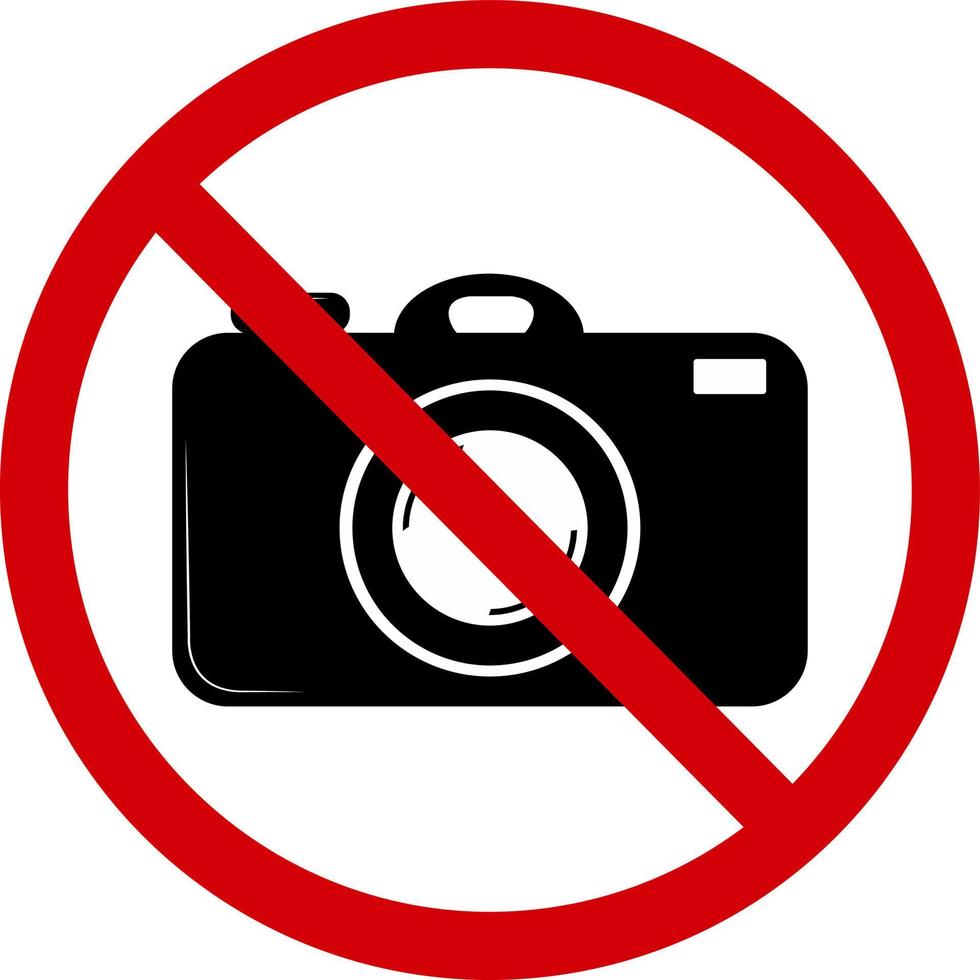 No photography sign. Prohibition sign, no photography. Red slashed circle with photo camera silhouette inside. Photo camera is not allowed. Photography ban. Round red stop photographing sign. vector