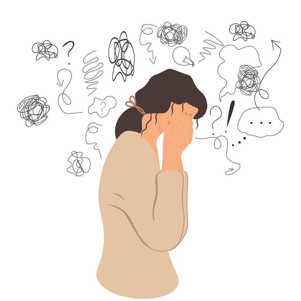 Young famale is surrounded by stream of thoughts, closing face with palms in despair, chaos in head.Mental disorder, finding answers, confusion concept vector