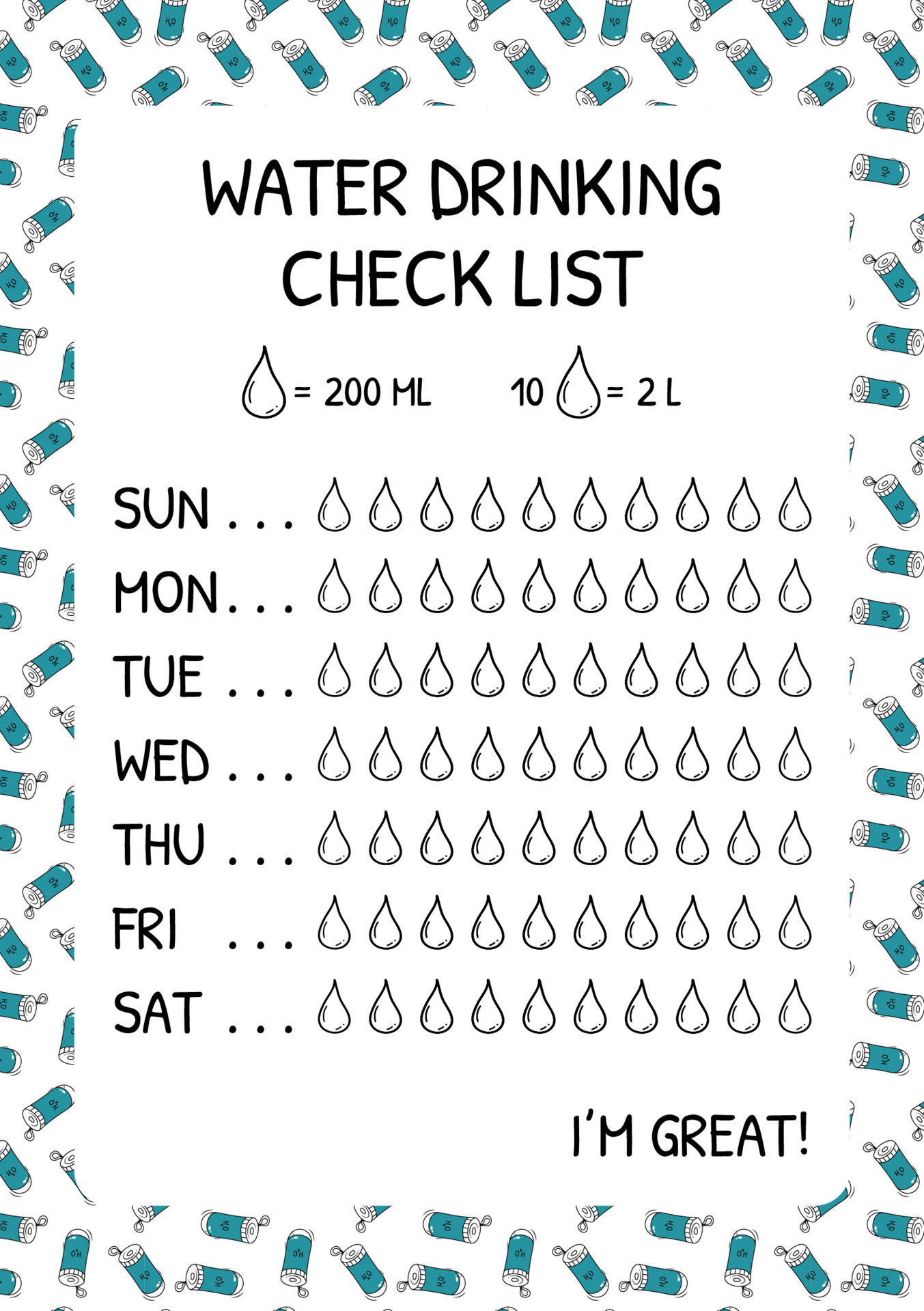 Water tracker vector template. Water drinking checklist with drops