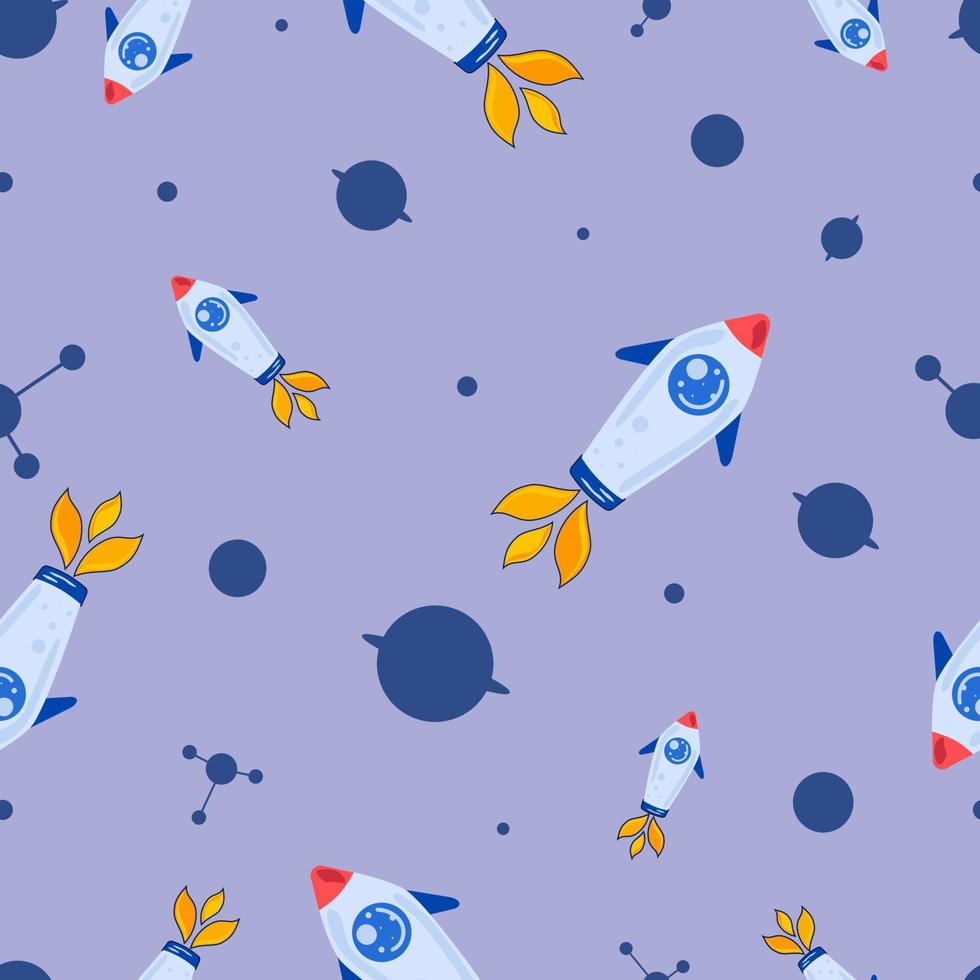 Space seamless pattern on blue background with rockets, planets and satellites. Vector. Seamless pattern. EPS10 vector