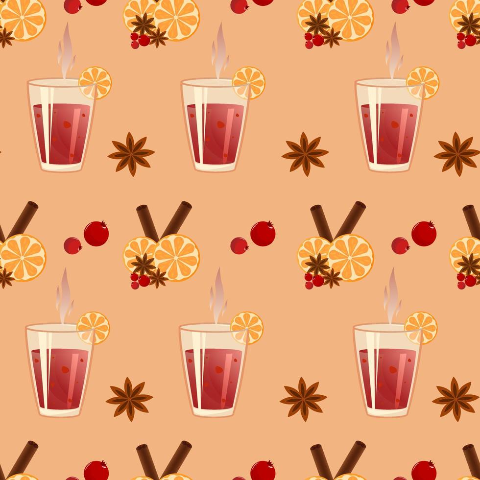 Pattern with hot wine and oranges, berries and cinnamon on light background. Vector. Seamless pattern. EPS10 vector