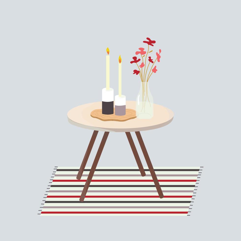 Tea table with candles, vase with flwers and carpet vector