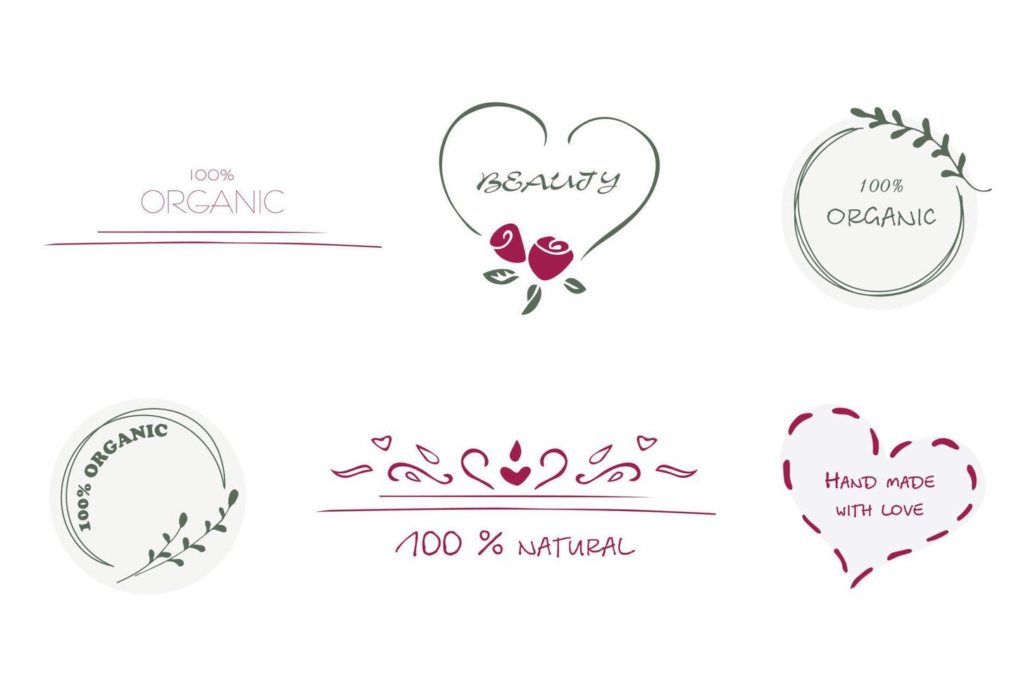 Labels icons set, beauty label, 100 percent organic icon, hand made with love and 100 percent natural icon, vector illustration