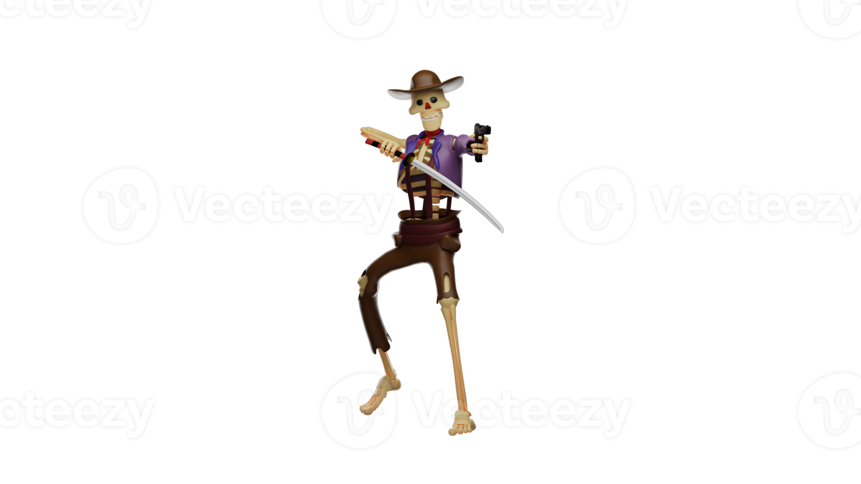 3D illustration. Skull Cowboy 3D Cartoon Character. The scary Skull Cowboy is ready to finish off his enemies. Skull Cowboy pointed his gun forward while carrying his sword. 3d cartoon character png