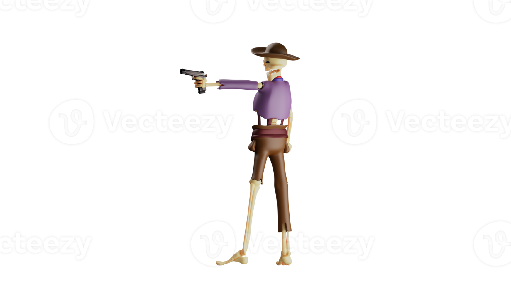 3d illustrazione. decisivo cranio cowboy 3d cartone animato carattere. cranio cowboy di fronte indietro mentre mirando il suo pistola a il suo nemico. cranio cowboy è pronto per prendere giù il nemico. 3d cartone animato personaggio png