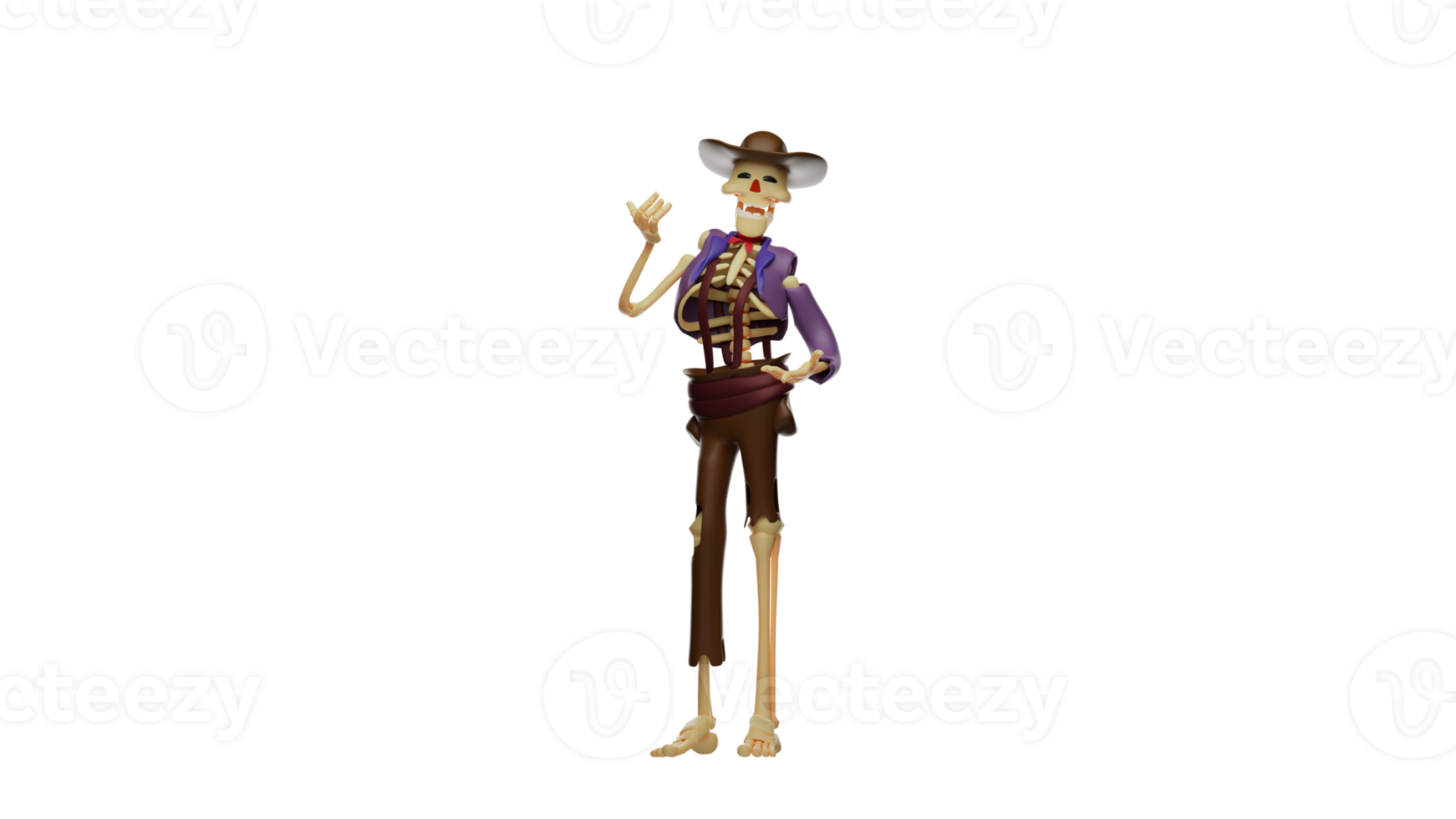 3D illustration. Skull Cowboy 3D Cartoon Character. Skull Cowboy wearing tattered clothes. Skull Cowboy laughing while gesticulating. 3d cartoon character png