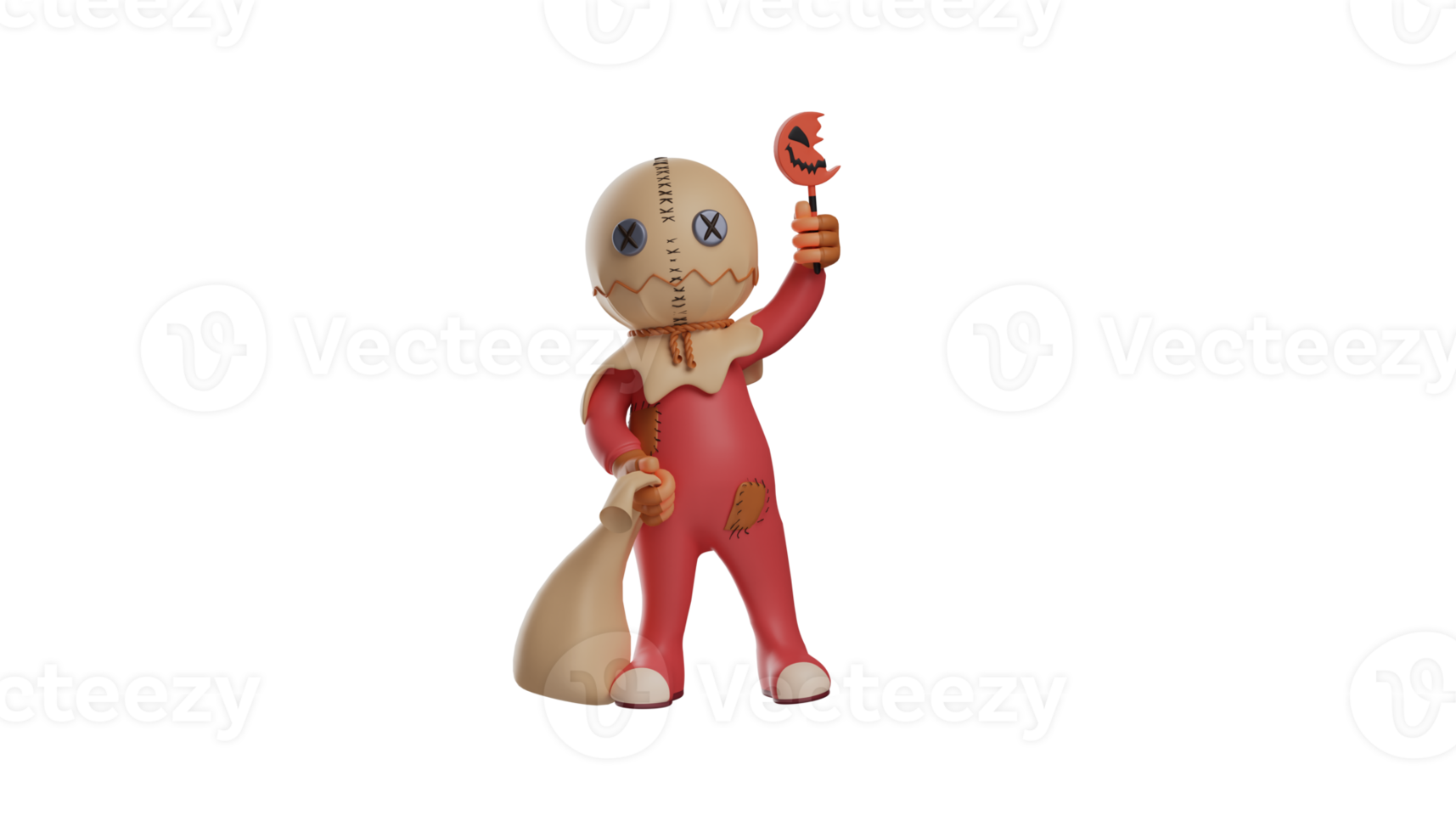 3D illustration. Creepy Trick r Treat 3D Cartoon Character. Trick r Treat cartoon carrying a small pumpkin stick and a sack. Trick r Treat cartoon waving his hand. 3d cartoon character png