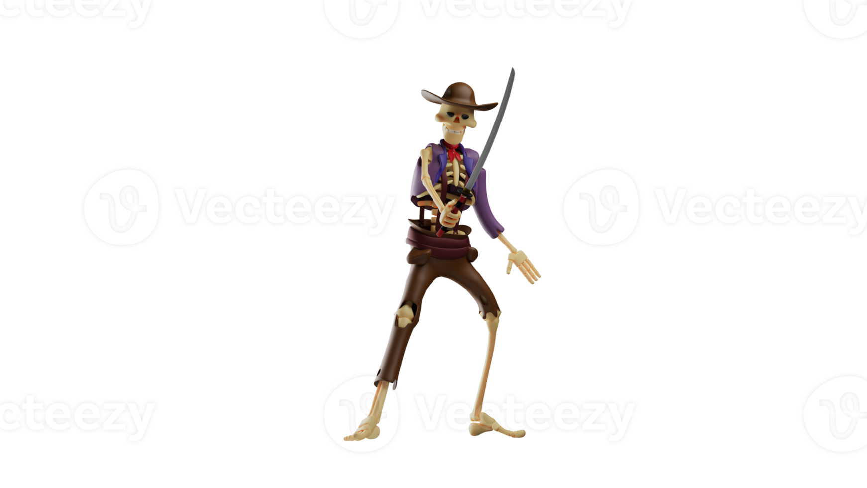 3D illustration. Cool Skull cowboy 3D Cartoon Character. Skull Cowboy stood up and carried a long sword. Skull Cowboy pointed his sword forward and was ready to fight. 3d cartoon character png