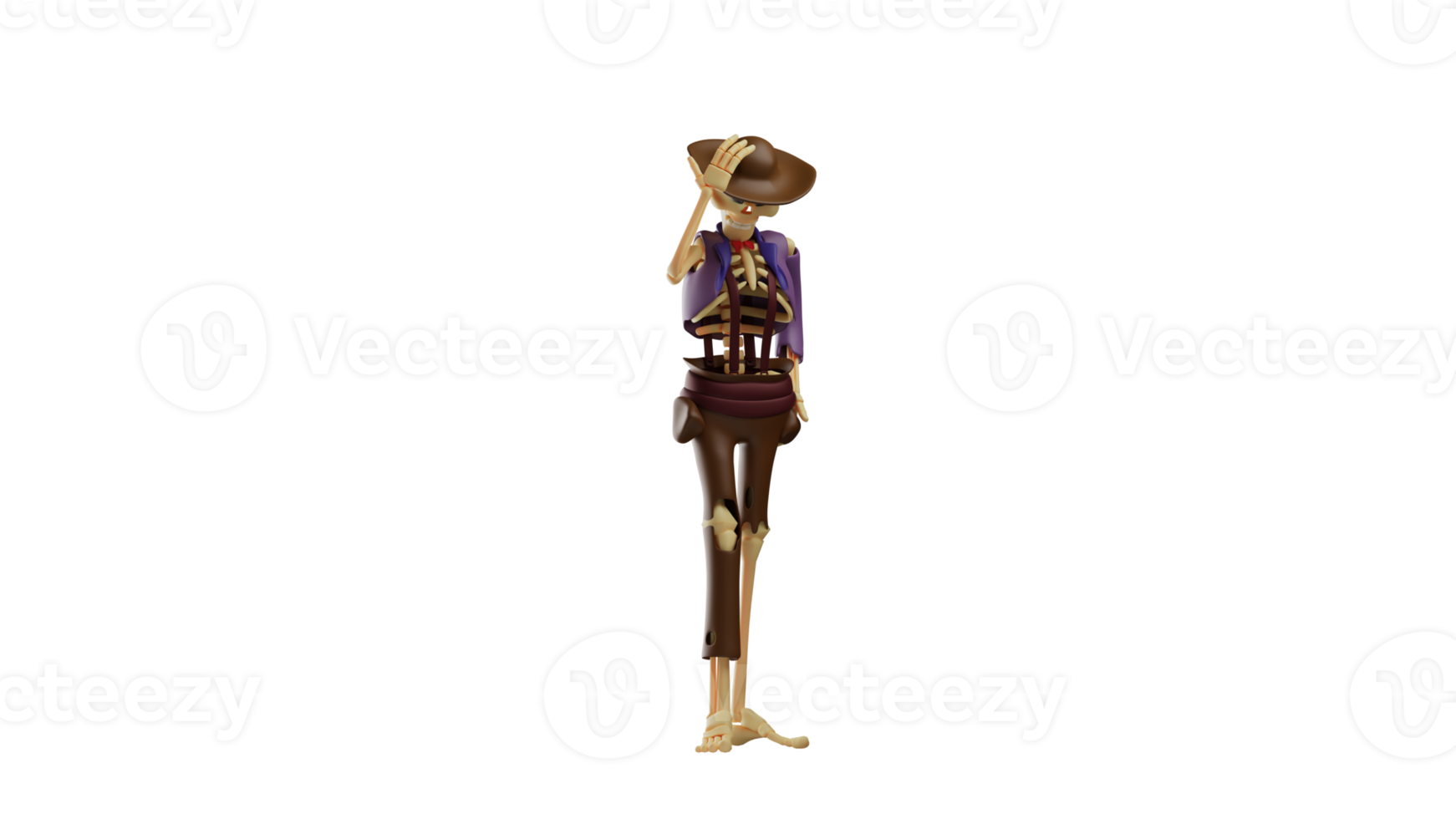 3D illustration. Skull Cowboy 3D Cartoon Character. Skull Cowboy stood with his head down. Skull cowboy holding the hat he is wearing. Skull Cowboy looks exhausted. 3d cartoon character png