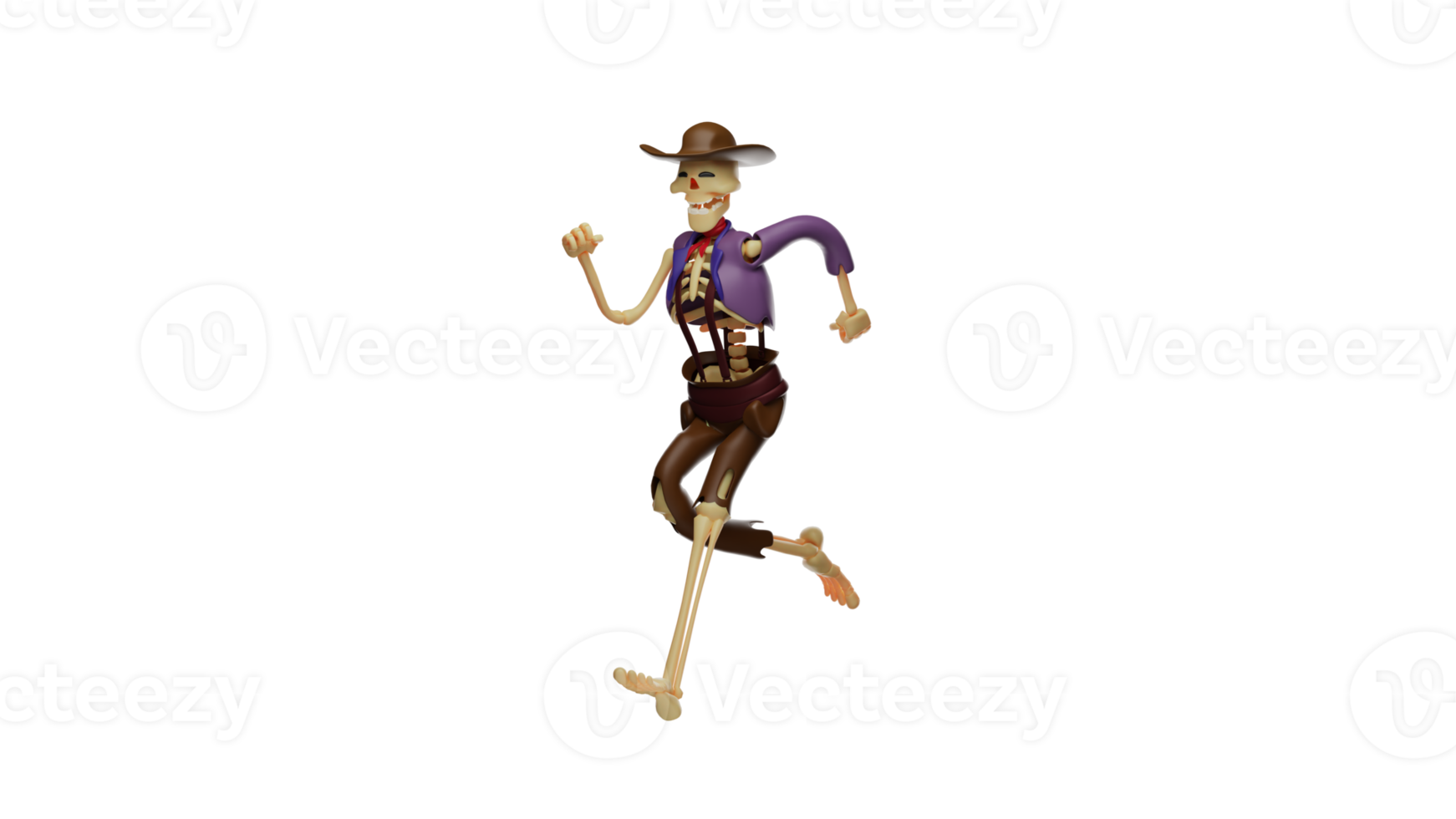 3D illustration. Excited Skull Cowboy 3D Cartoon Character. Skull Cowboy in running pose. Skeleton cowboy wearing tattered clothes. Skull Cowboy wearing a cowboy hat. 3d cartoon character png