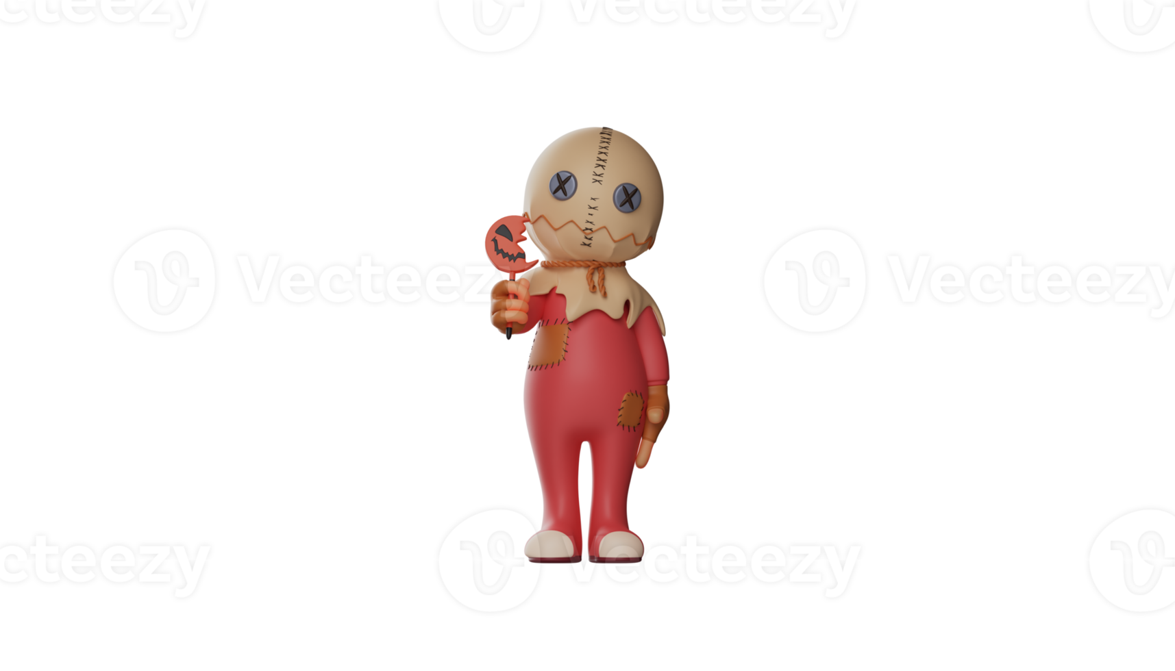3D illustration. Cute Trick r Treat 3D Cartoon Character. Trick r Treat stood up holding his little gourd stick. Trick r Treat cartoon confused what to do today. 3d cartoon character png