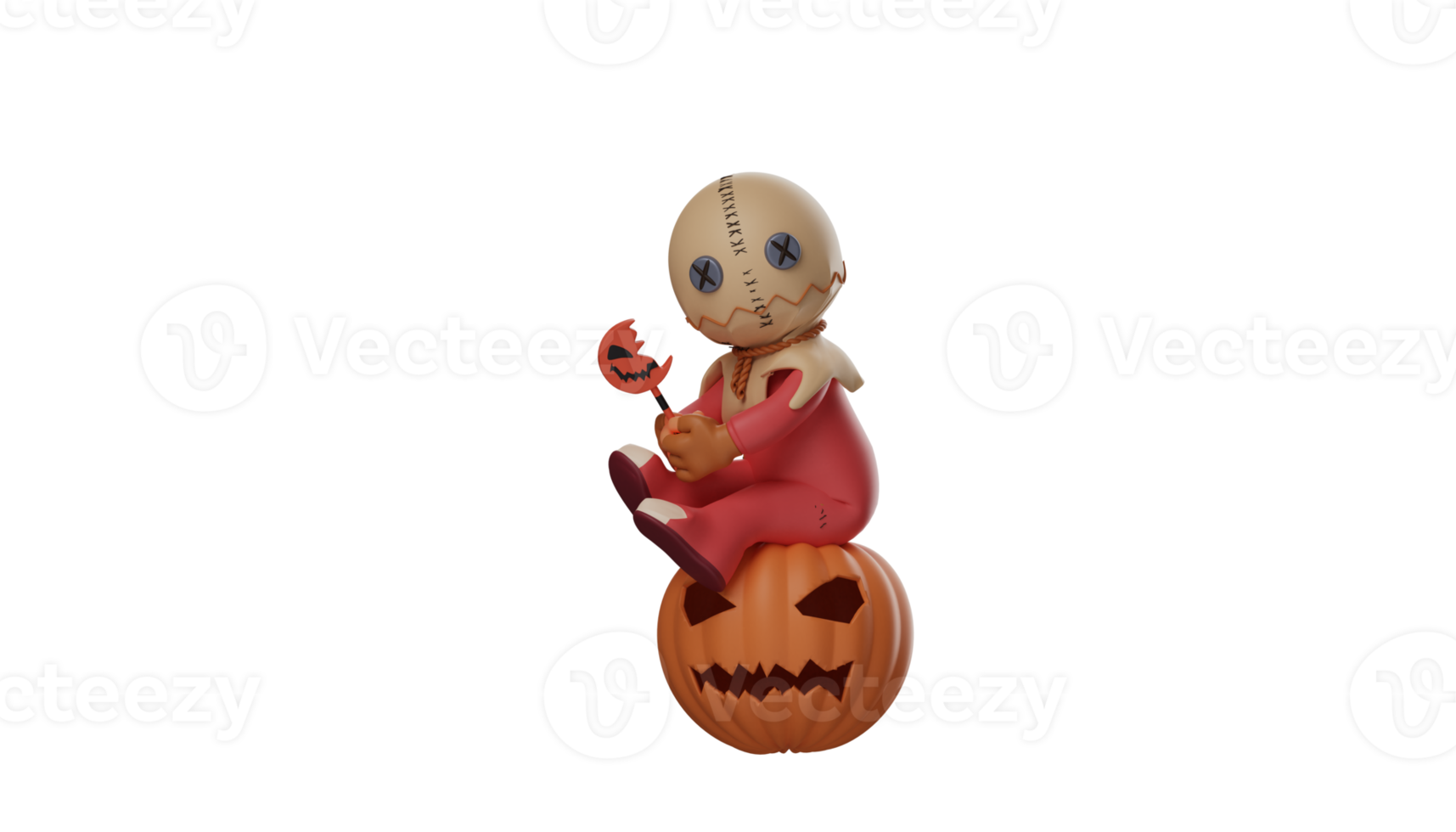 3D illustration. Adorable Trick r Treat 3D Cartoon Character. Trick r Treat sits atop a giant pumpkin. Trick r Treat holds a little pumpkin stick and looks so cute. 3d cartoon character png