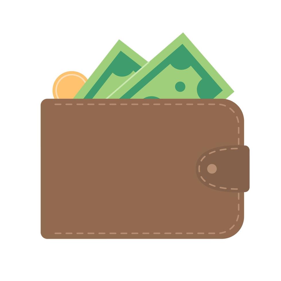 marrón billetera con dinero dentro en sencillo estilo. bolso con efectivo verde papel billetes y moneda. vector plano ilustración aislado en blanco antecedentes