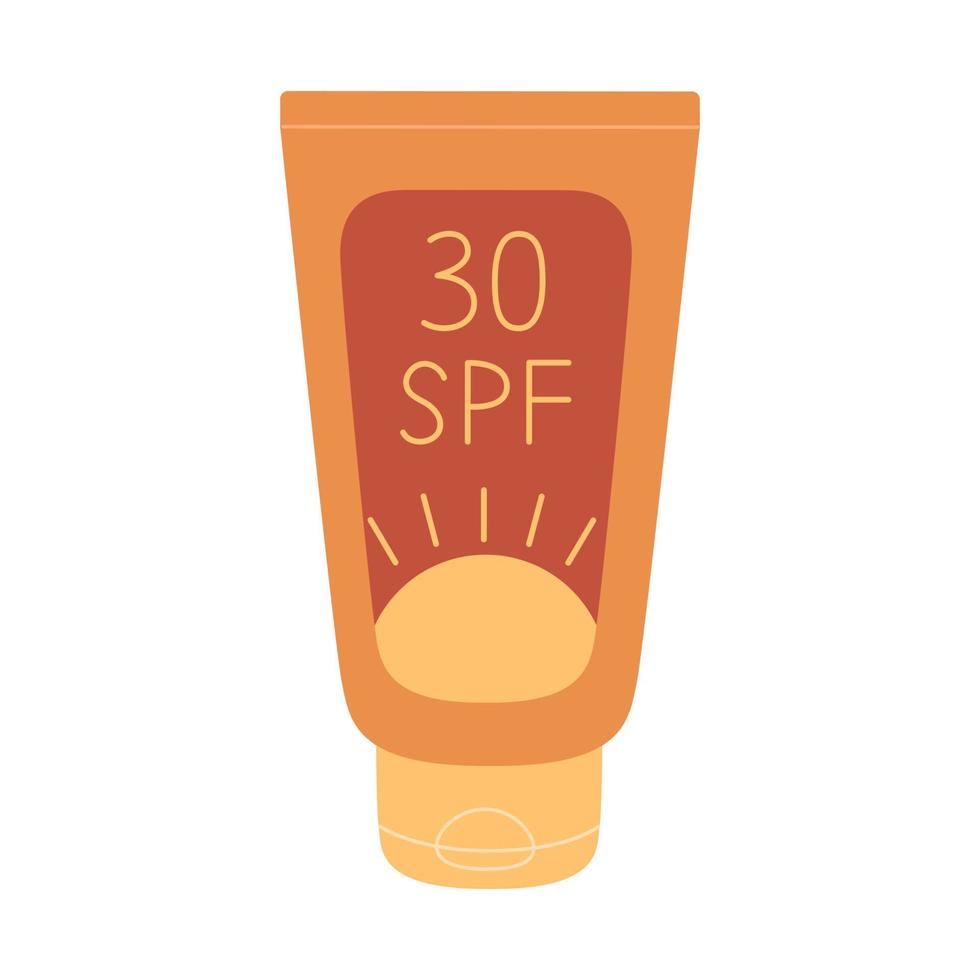 Sunscreen cream 30 SPF in a tube. Sunblock lotion, UV protection, skin care. Vector flat illustration in simple style isolated on white background.