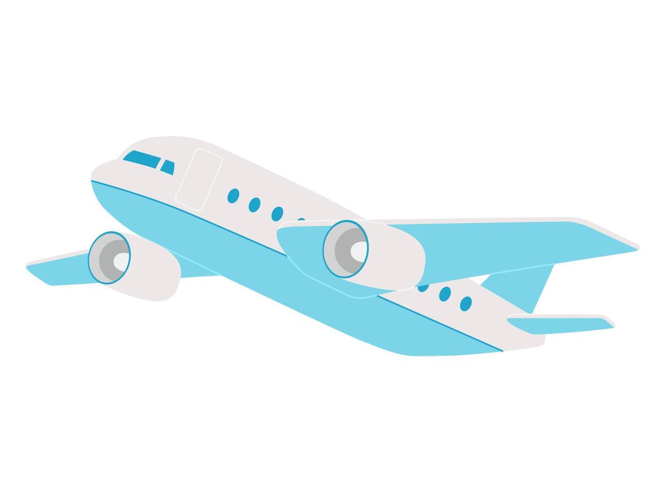 Plane takes off into the sky. Gray-blue flying airplane in a simple style. Travel concept. Vector flat illustration isolated on white background.