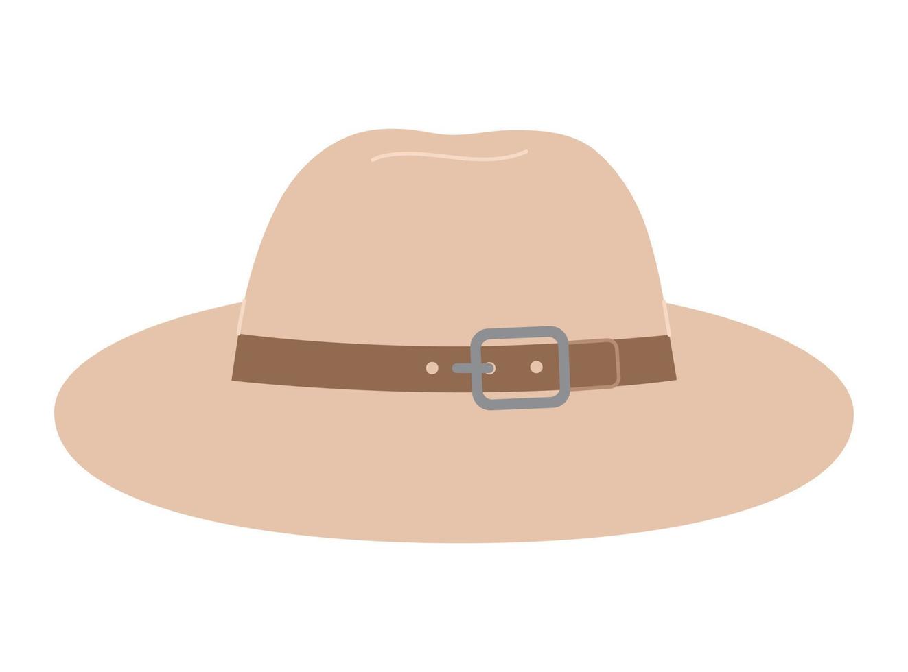 Straw or felt beige hat with brown belt shaped ribbon. Vector flat illustration in simple style isolated on white background