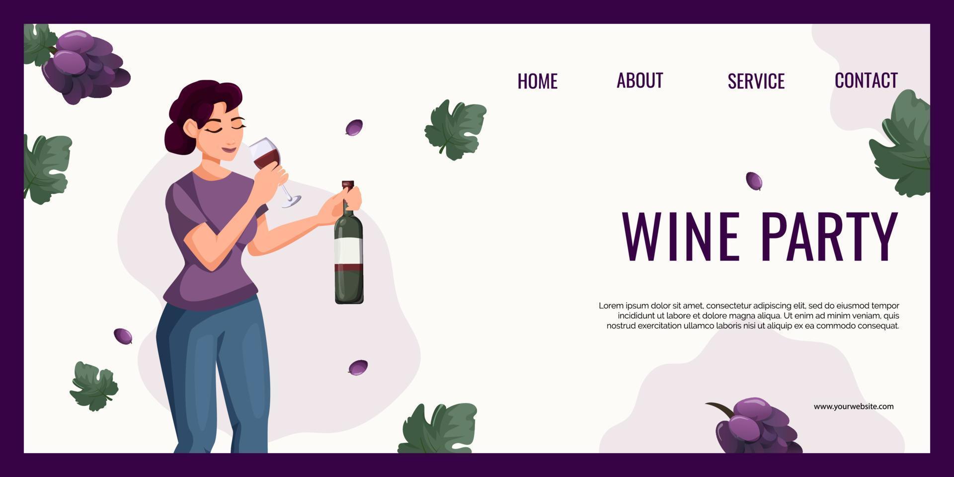 Wine day illustration concept. Woman drinking wine, page template, invitation, flyer. cartoon style vector